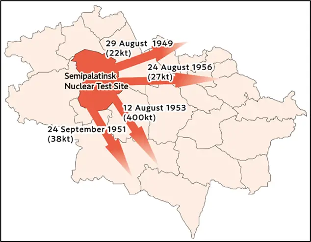Map showing the Semipalatinsk Nuclear Test Site and surrounding regions