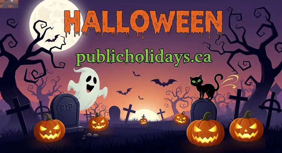 Halloween banner with pumpkins, ghosts, and spooky decorations